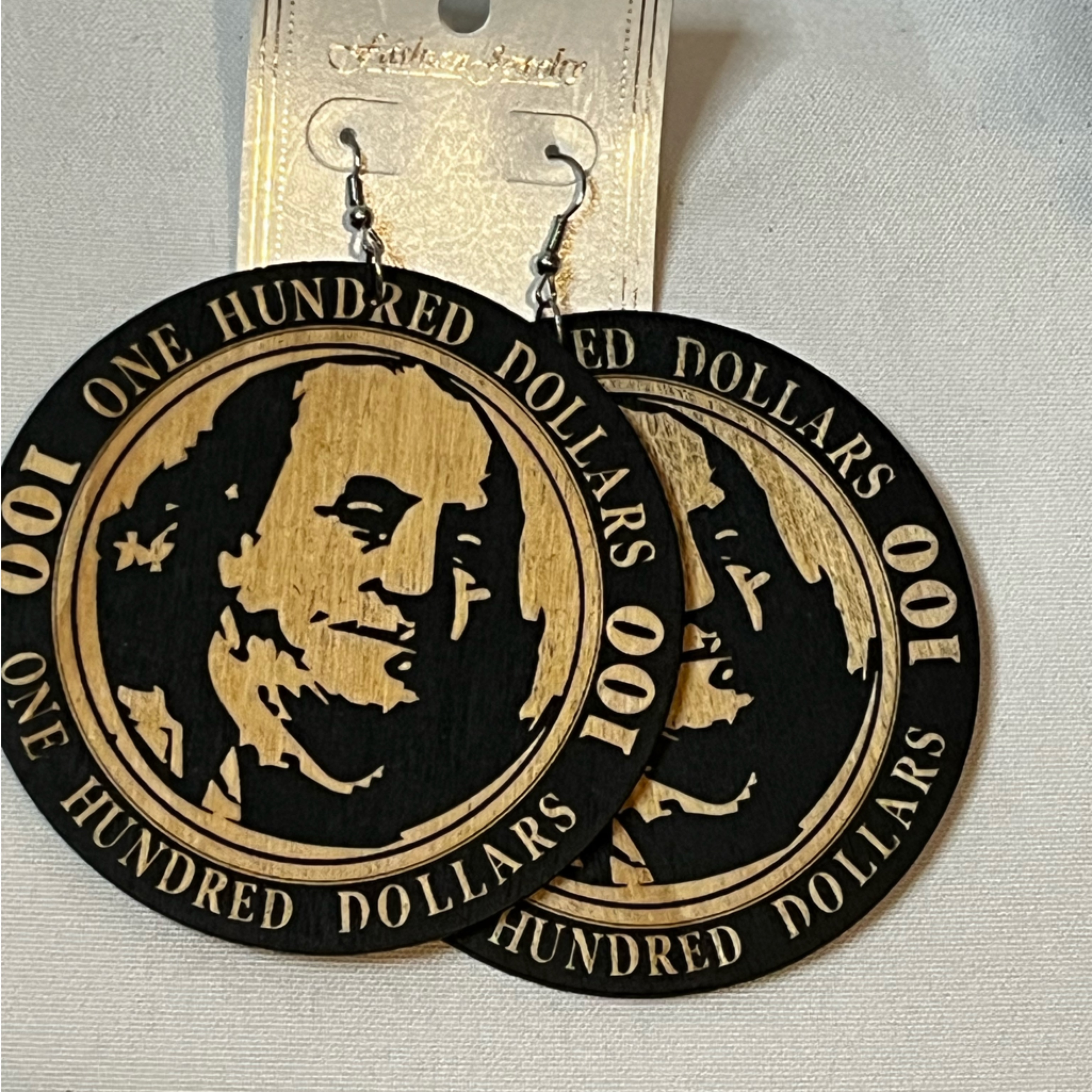 Ben Franklin $100 Wooden Earrings